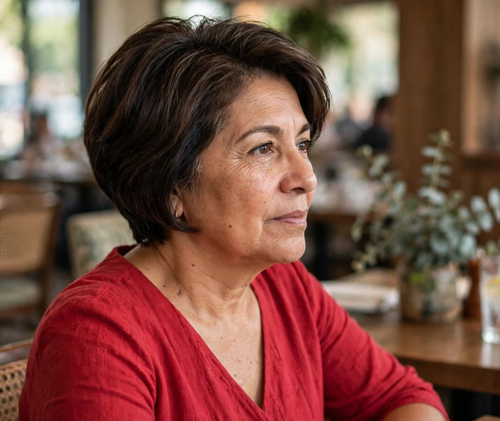 Short stacked bob with graduated volume at the back on dark brown hair, Latina woman in her late 50s, red dress, restaurant