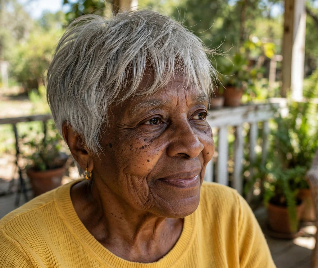 Pixie with a soft wispy see-through fringe on natural gray hair, Black woman in her mid 70s, mustard yellow top, sunny porch