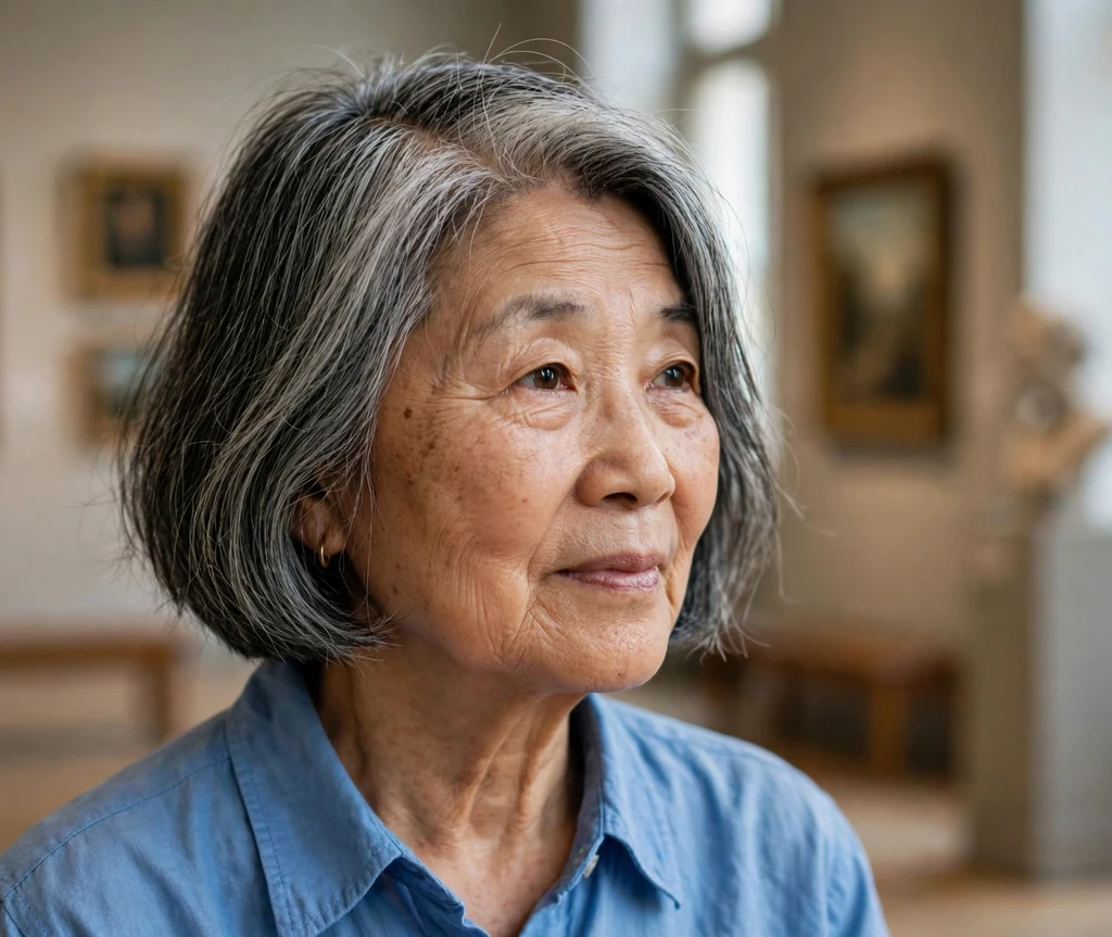 Salt-and-pepper bob with a dramatic deep side part, East Asian woman in her early 70s, sky blue top, museum gallery