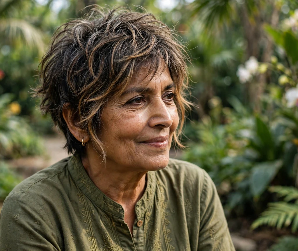 Tousled pixie-bob with undone textured layers and caramel face-framing highlights, South Asian woman in her mid 60s, olive green kurta, botanical garden