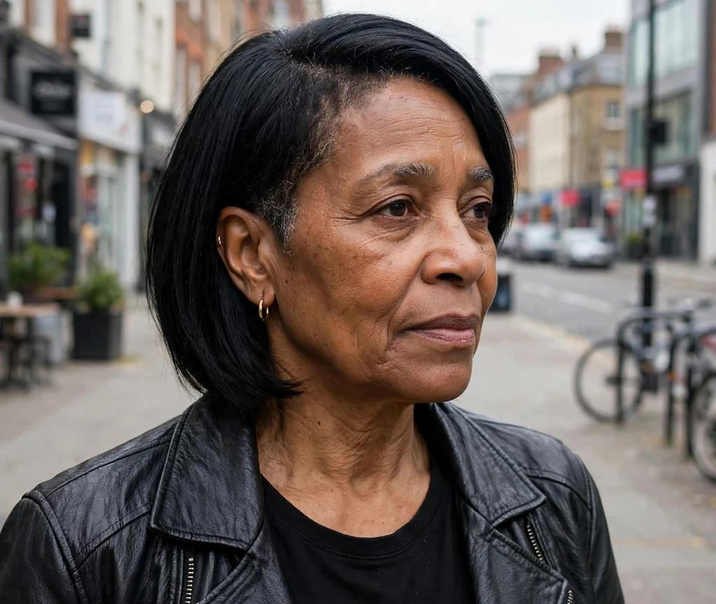 Asymmetric short haircut longer on one side on jet black hair, Black woman in her late 50s, leather jacket, city street