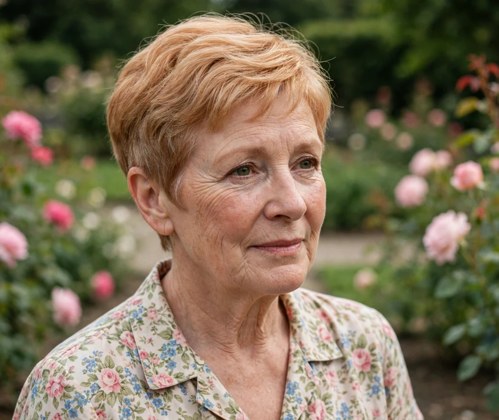 Gamine crop with soft tailored edges on strawberry blonde hair, woman in her mid 60s, floral dress, rose garden