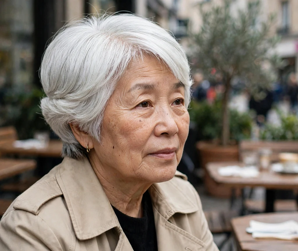 White wedge haircut with stacked layers at the back, East Asian woman in her early 60s, beige trench coat, city café terrace