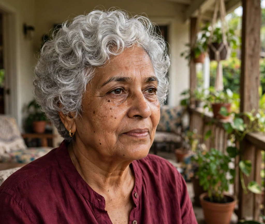 Curly pixie-bob with soft rounded silver curls, South Asian woman in her early 70s, burgundy blouse, home veranda