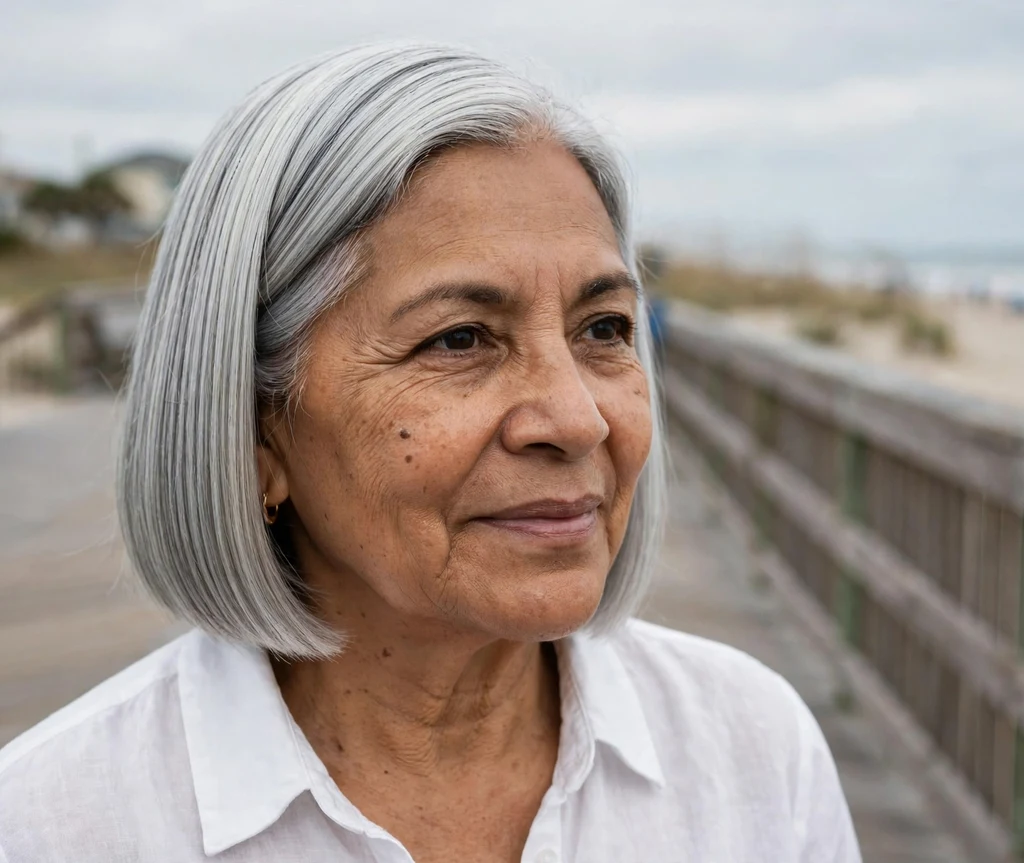 Sleek straight silver bob with a glass-smooth polished finish, Latina woman in her mid 60s, white blouse, beach boardwalk
