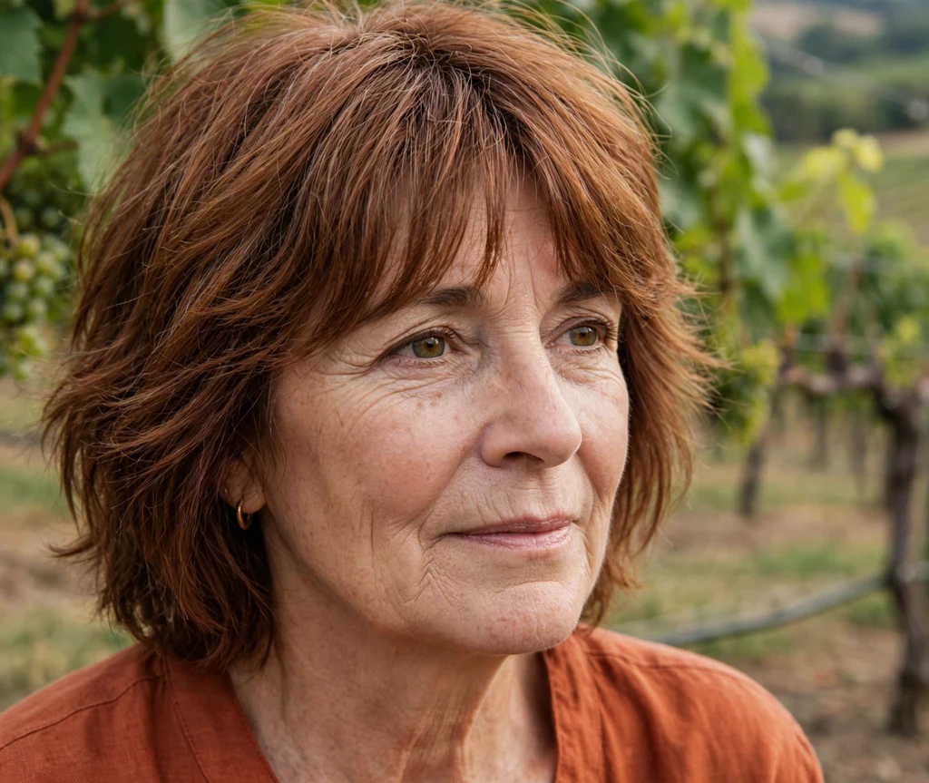 Short shaggy layered haircut with soft curtain bangs on auburn hair, woman in her late 50s, rust-colored top, vineyard
