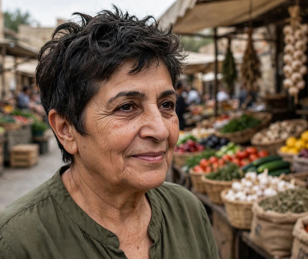 Boyish textured crop with piecey texture on top on dark hair, Middle Eastern woman in her early 60s, olive blouse, outdoor market