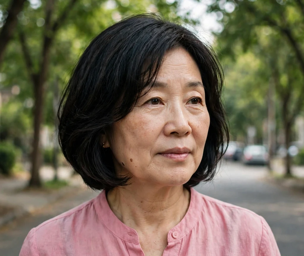 Bob with soft face-framing layers on black hair, East Asian woman in her late 50s, pink blouse, tree-lined street