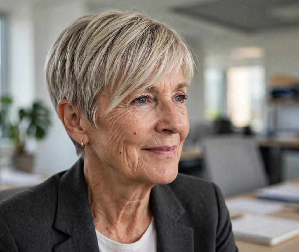Pixie with a long side-swept fringe across the forehead on ash blonde hair, woman in her mid 60s, charcoal blazer, bright office