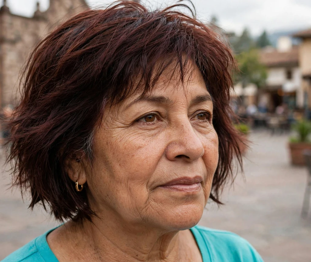 Choppy textured bob with jagged piecey ends on dark auburn hair, Latina woman in her late 60s, turquoise top, town plaza