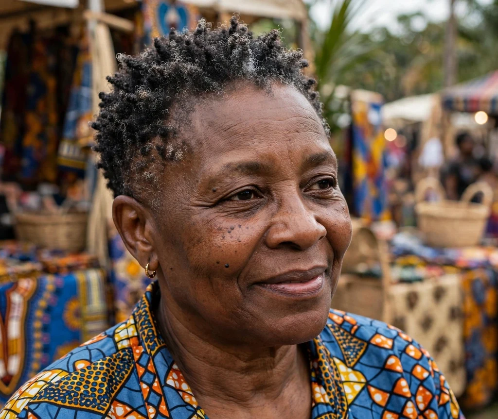 Tapered natural curly crop with short shaped coils and tapered sides, Black woman in her mid 60s, Ankara print top, cultural festival