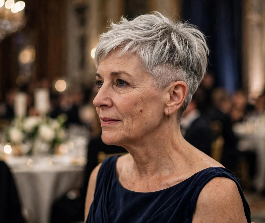 Silver undercut pixie with closely clipped sides and longer textured top, woman in her late 50s, navy evening gown, gala ballroom