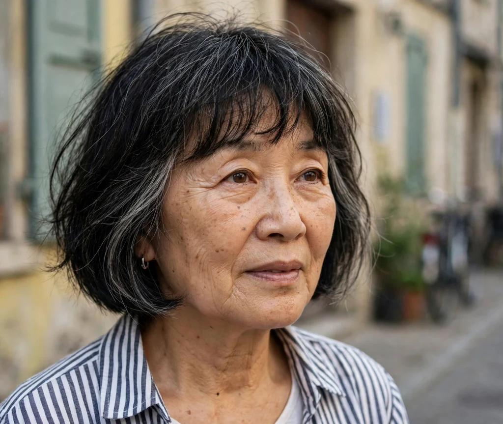 French bob with effortless undone texture and soft fringe on dark hair with natural gray streaks, East Asian woman in her late 60s, striped shirt, old town street