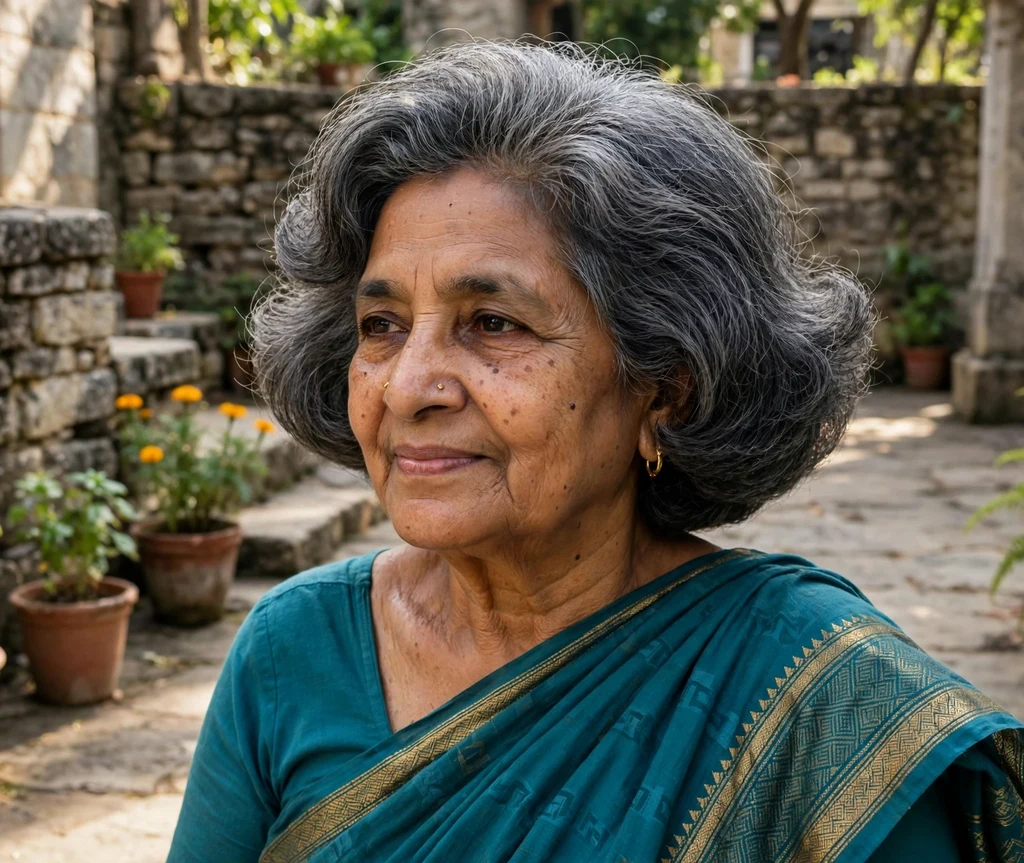 Voluminous blowout bob with a bouncy rounded shape on dark gray hair, South Asian woman in her late 60s, teal sari, stone courtyard