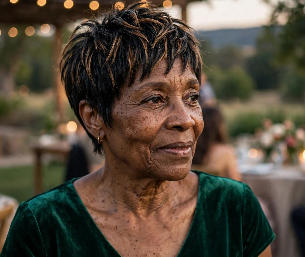 Piecey pixie with separated defined strands and caramel highlights on black hair, Black woman in her early 60s, emerald dress, evening event