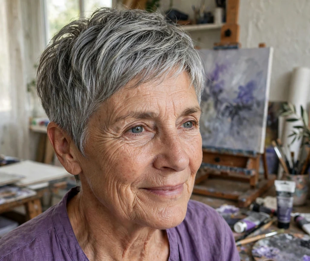 Textured crop with soft gray balayage dimension on silver hair, woman in her late 60s, purple blouse, art studio