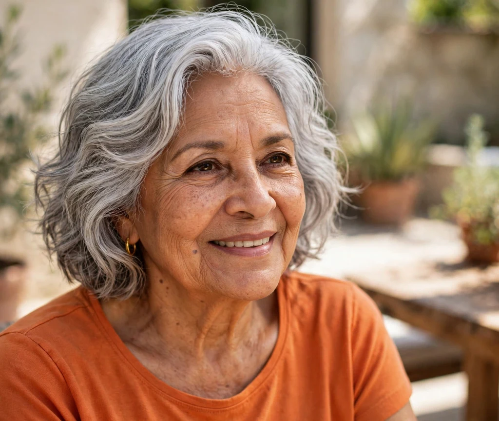 Wavy short bob with soft loose waves on silver hair, Latina woman in her early 70s, orange top, sunny patio