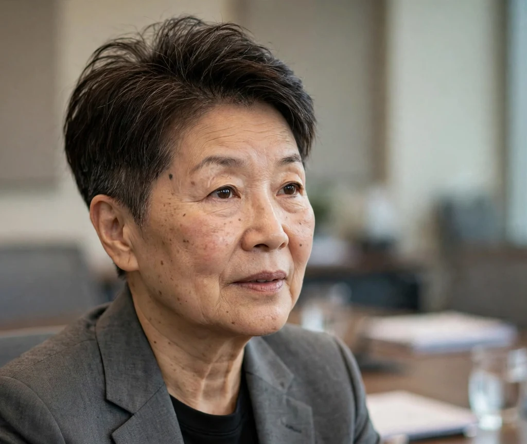 Pixie with closely tapered sides and a longer lifted top on dark brown hair, East Asian woman in her mid 60s, gray suit, conference room