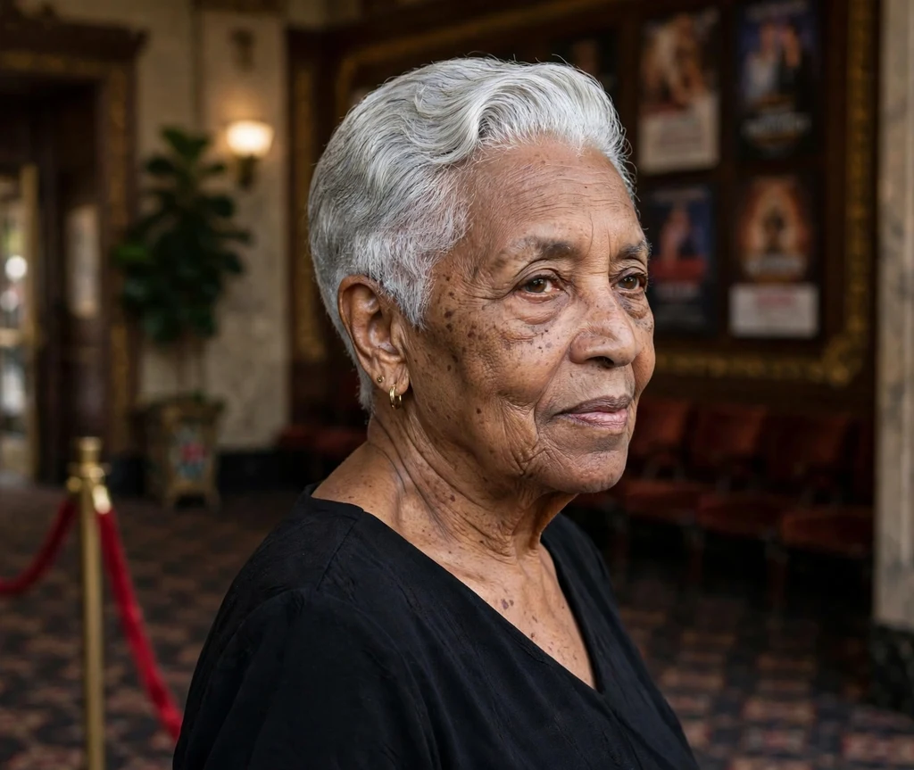 Classic short coif, neat sculpted and polished, on silver hair, Black woman in her early 70s, black dress, theater lobby
