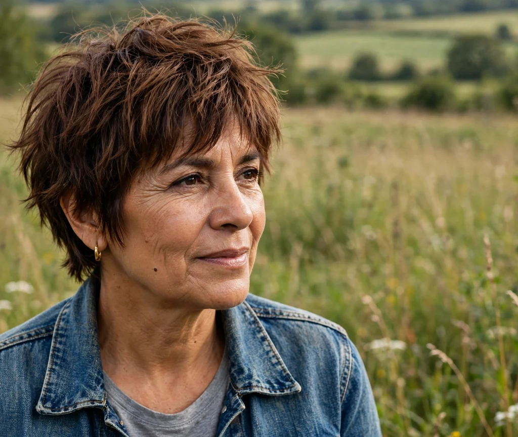 Modern shaggy pixie with tousled piecey texture on chestnut brown hair, Latina woman in her late 50s, denim jacket, countryside meadow