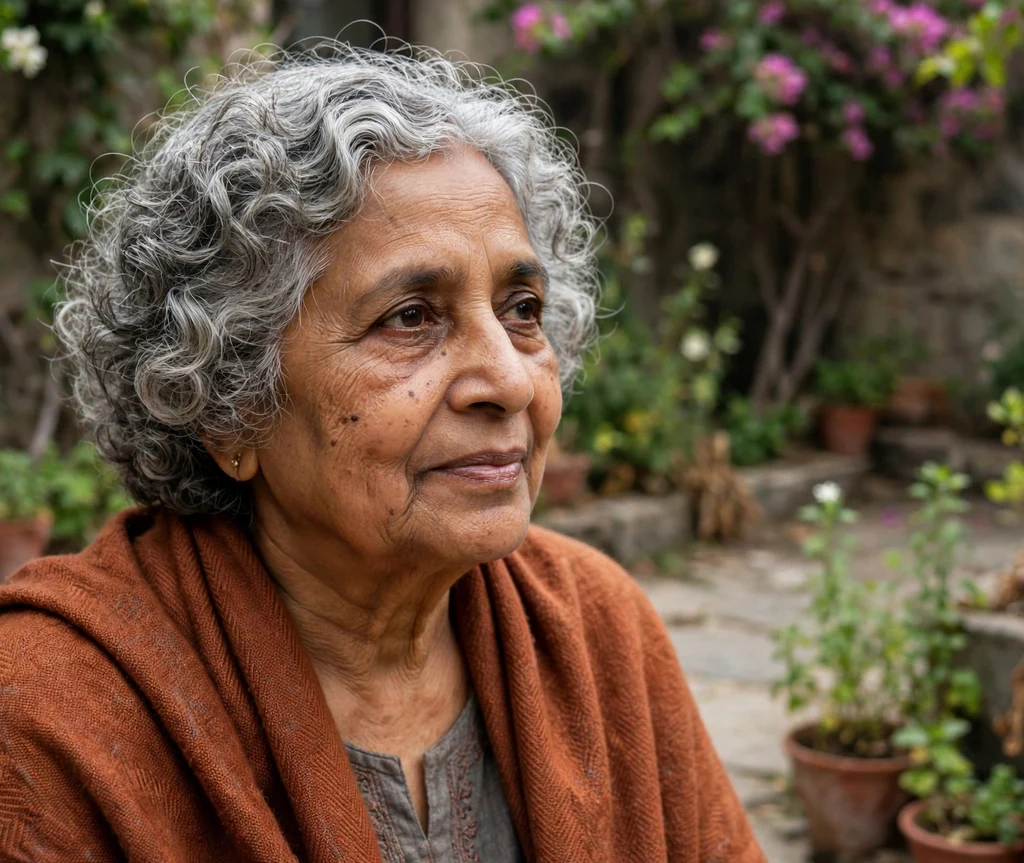 Soft contemporary permed curls, short bouncy curls with natural movement, on natural gray hair, South Asian woman in her mid 70s, rust-colored shawl, courtyard garden