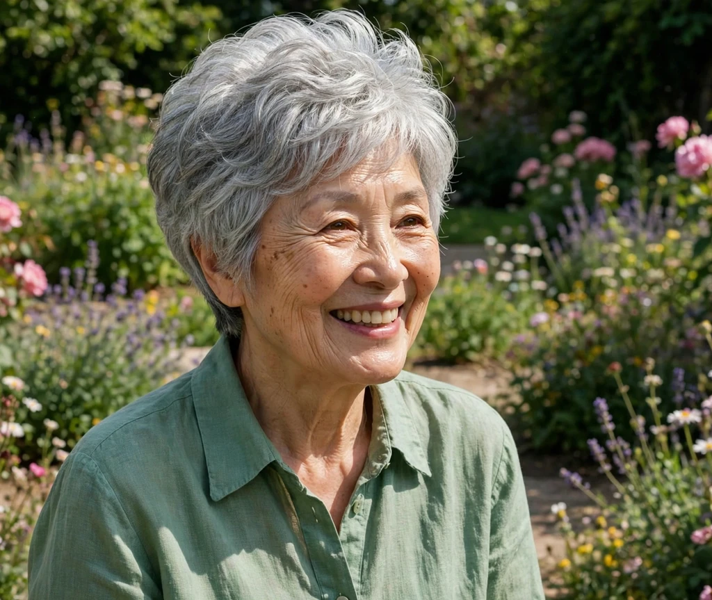 Smiling woman in her late 60s with a voluminous silver stacked pixie haircut in a sunlit flower garden
