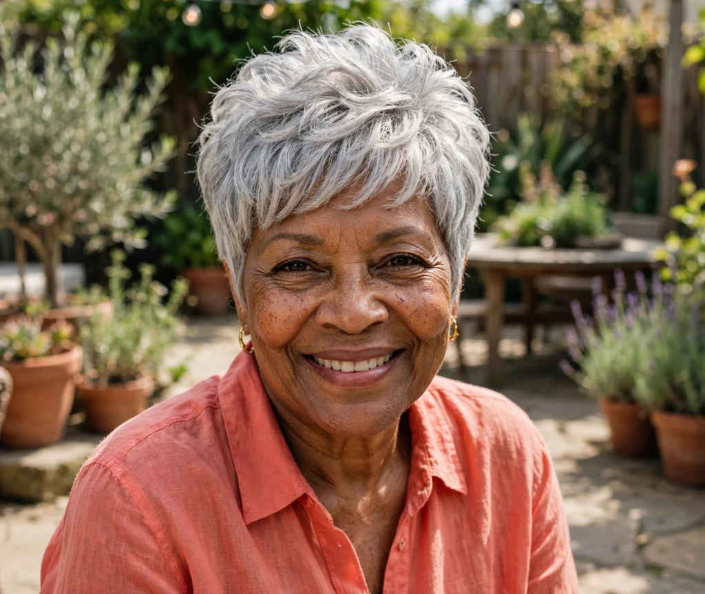 African American woman in her mid 60s with a voluminous stacked silver pixie in a sunny garden patio