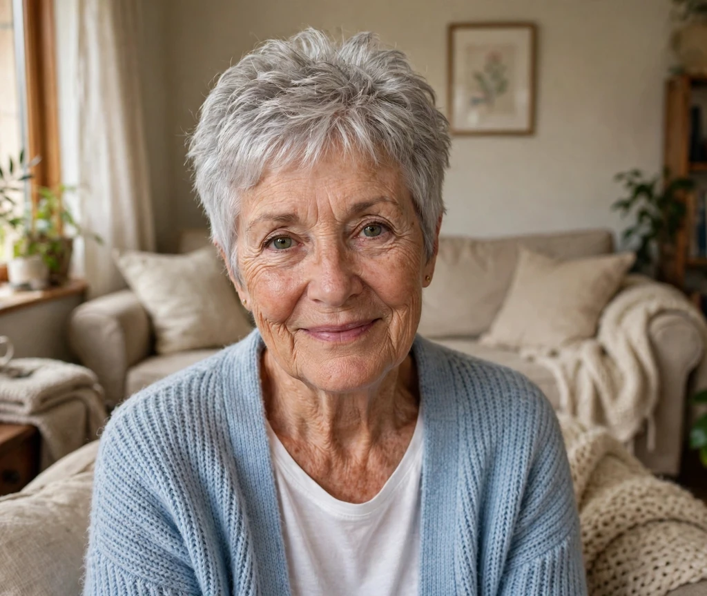 Caucasian woman in her late 60s with a textured silver crop haircut in a cozy living room