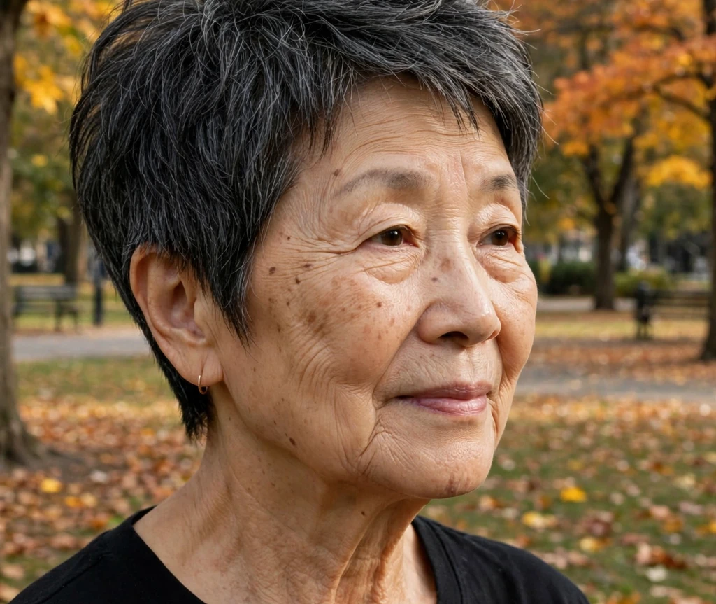 East Asian woman in her early 70s with a feathered dark gray tapered pixie in an autumn park