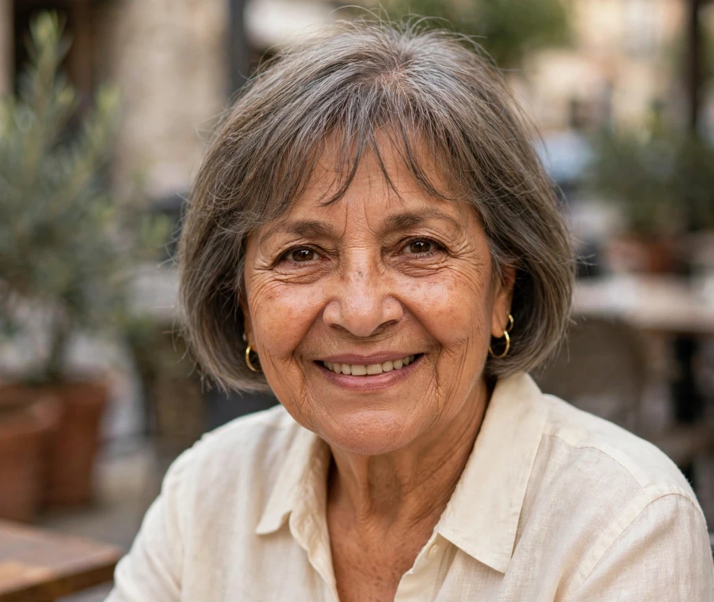 Latina woman in her mid 60s with a classic short bob with wispy bangs on a café terrace