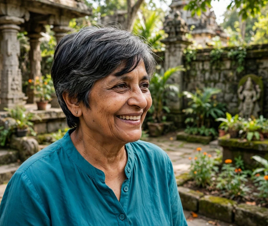 South Asian woman in her late 60s with a layered black gray side swept pixie in a temple garden