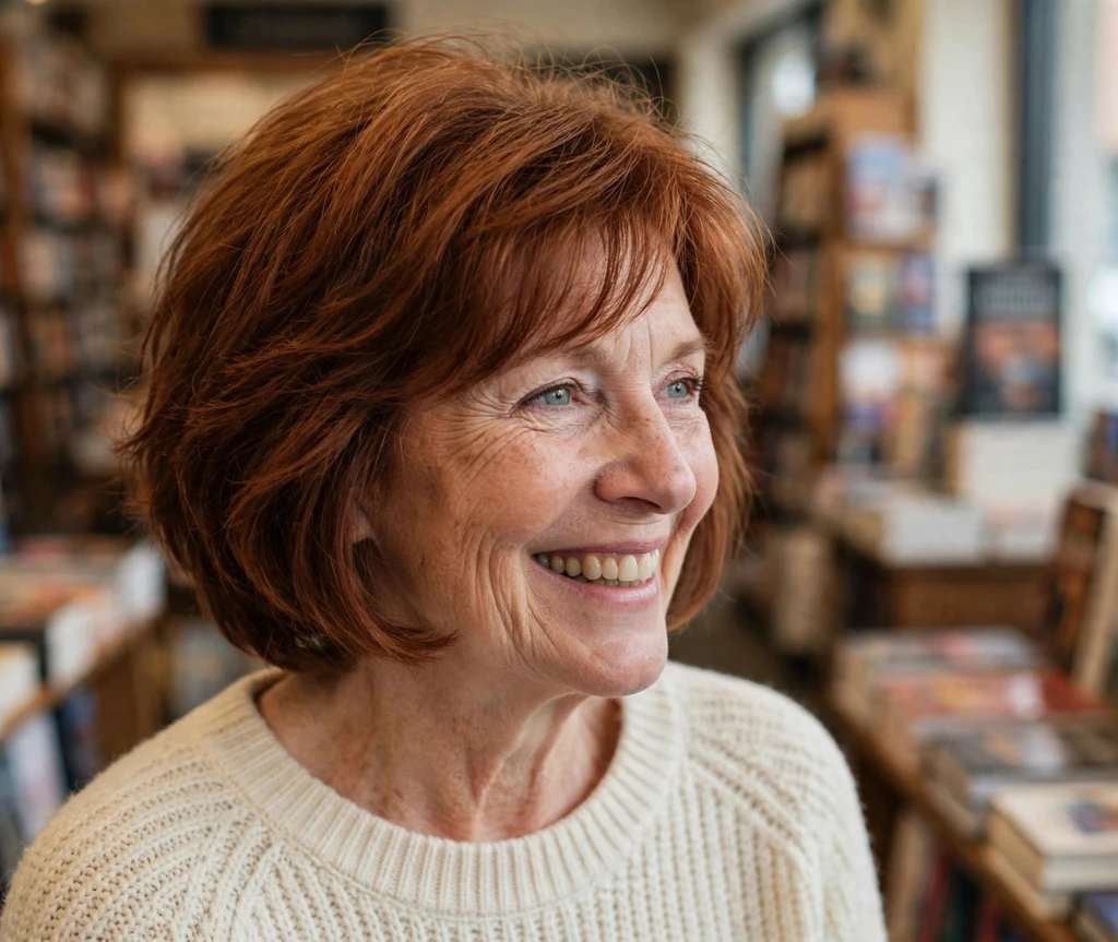 Caucasian woman in her early 60s with a chin length stacked auburn bob in a bookstore