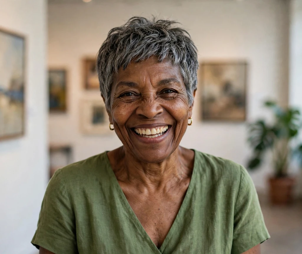 Black woman in her late 60s with a piecey salt and pepper pixie in an art gallery