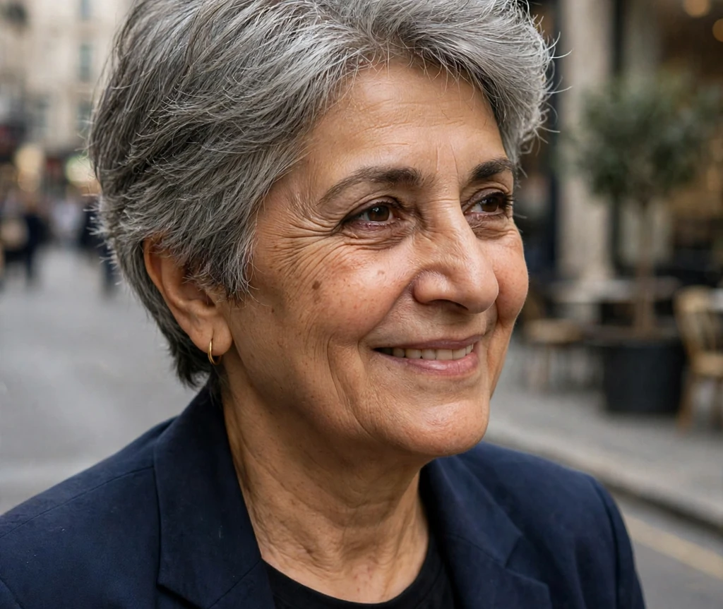 Middle Eastern woman in her mid 60s with a soft tousled gray crop on a city street