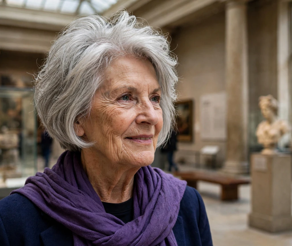 Caucasian woman in her early 70s with an asymmetrical silver bob and purple scarf in a museum