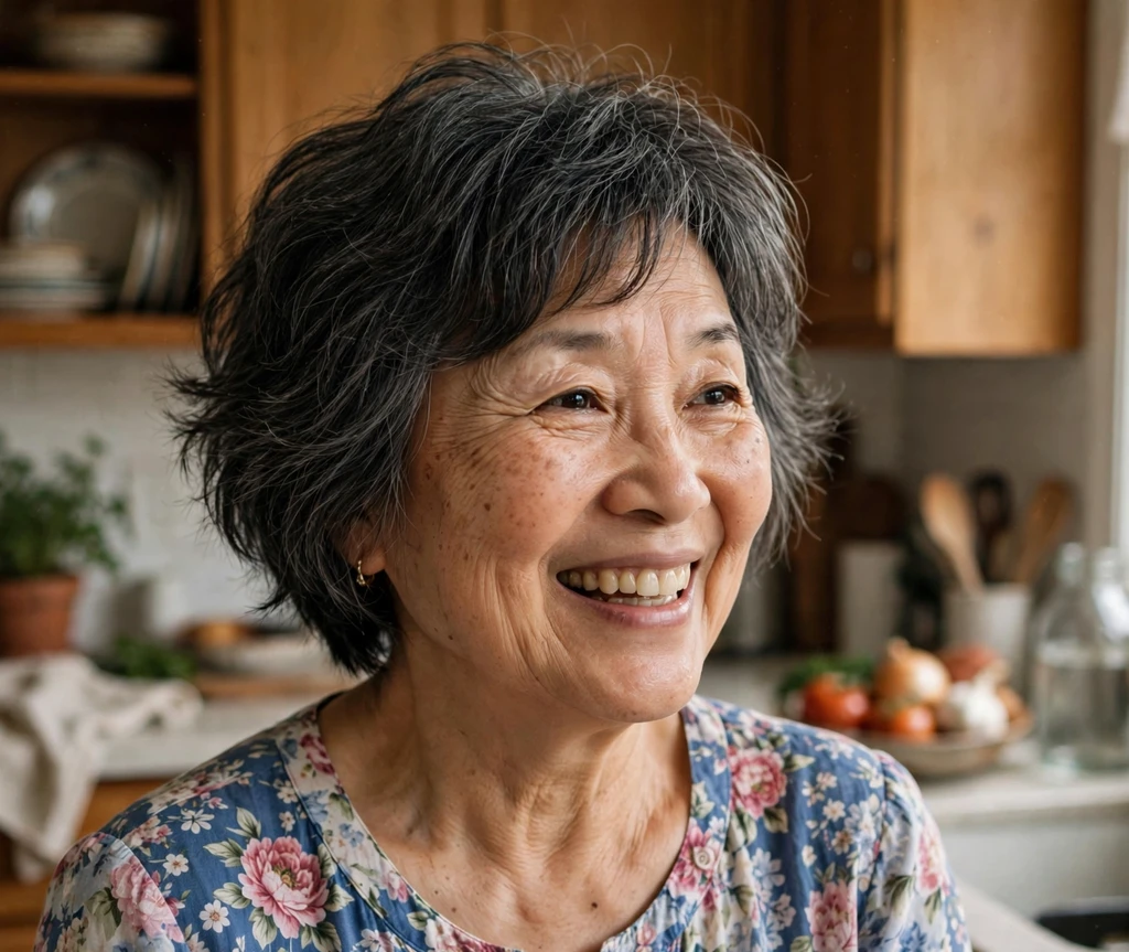 East Asian woman in her mid 60s with a short dark gray shag with face framing layers in a kitchen