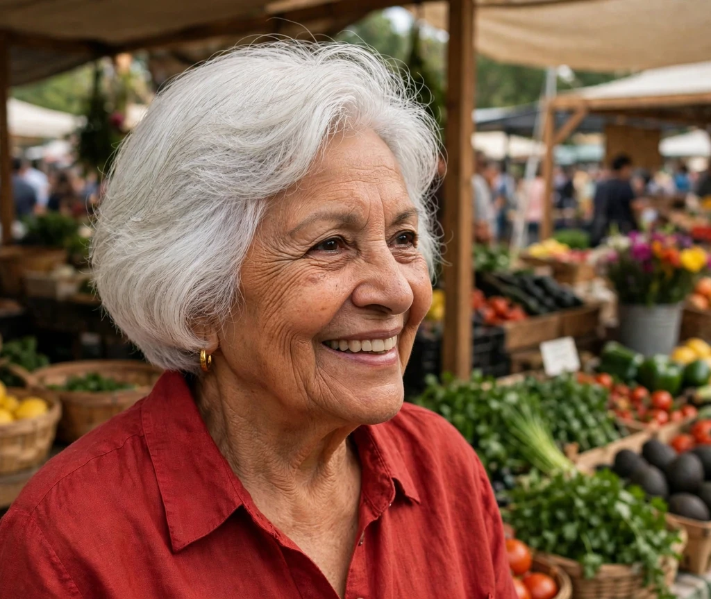 Latina woman in her early 70s with a rounded graduated white bob at a farmers market