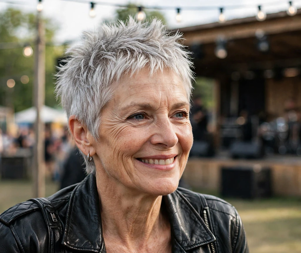 Caucasian woman in her mid 60s with a spiky textured silver pixie and leather jacket at an outdoor venue