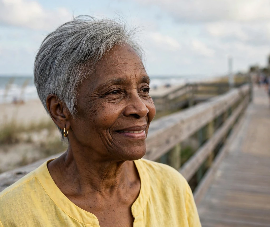 Black woman in her early 60s with a wispy tapered gray haircut on a beach boardwalk