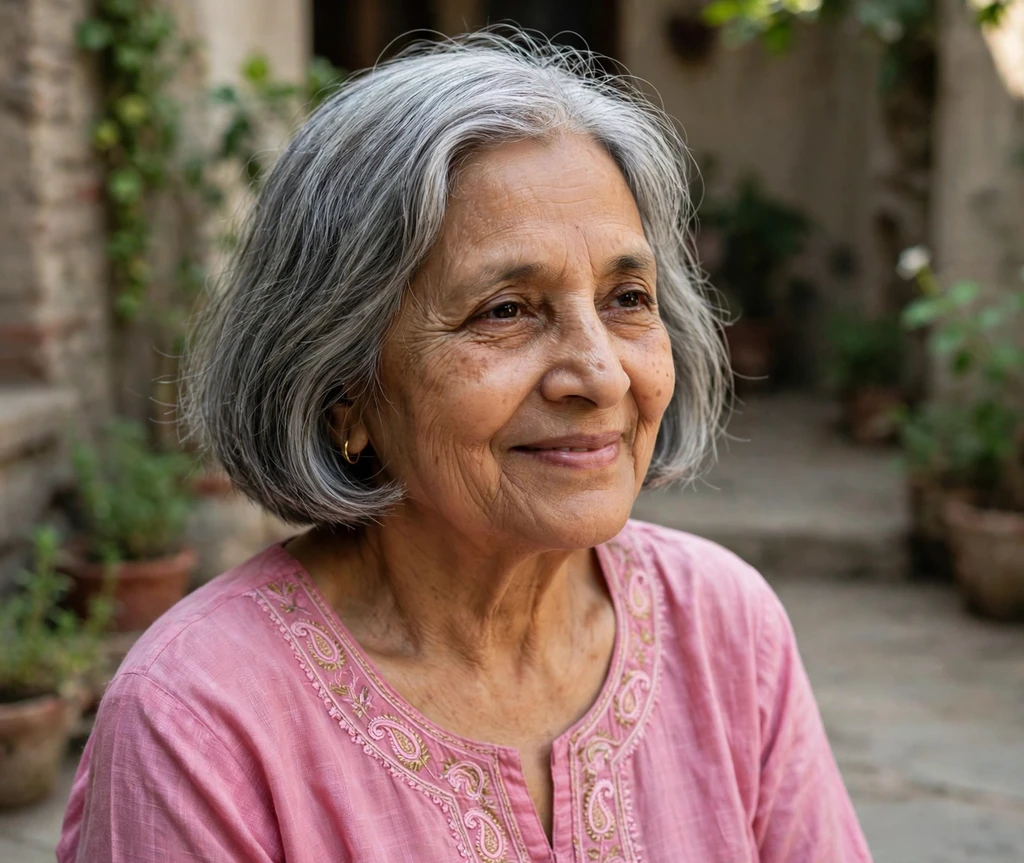 South Asian woman in her late 60s with a short blunt gray bob with feathered ends in a courtyard
