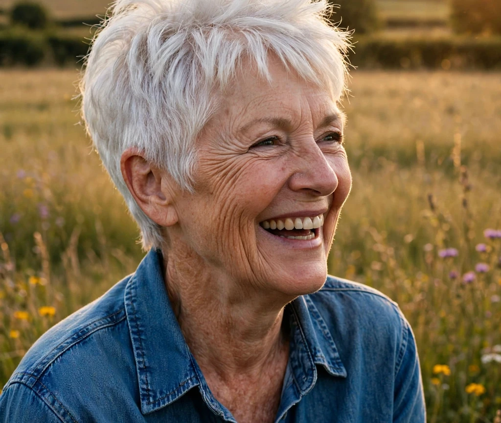 Caucasian woman in her late 60s with a white pixie with lifted crown in a countryside field