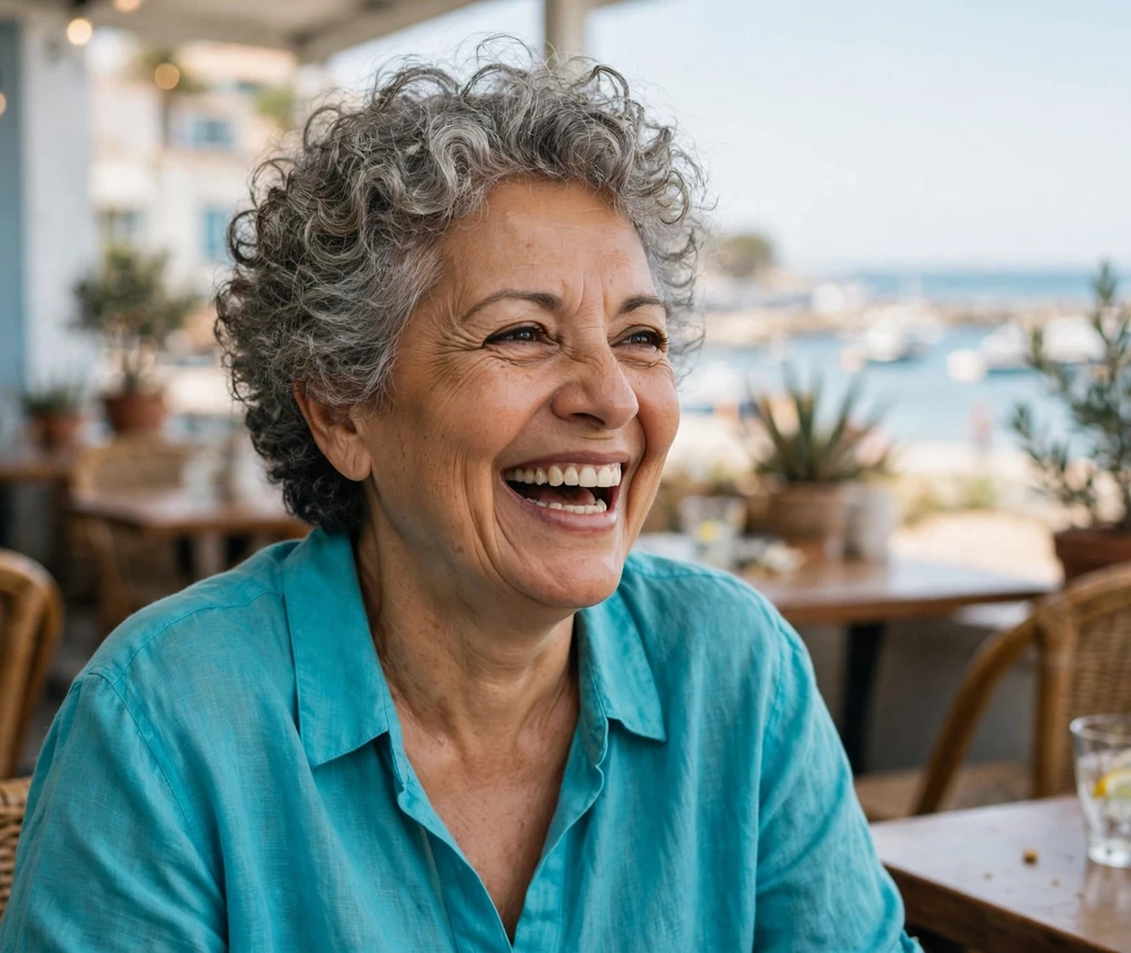 Latina woman in her early 60s with a soft curly short gray crop at a seaside café