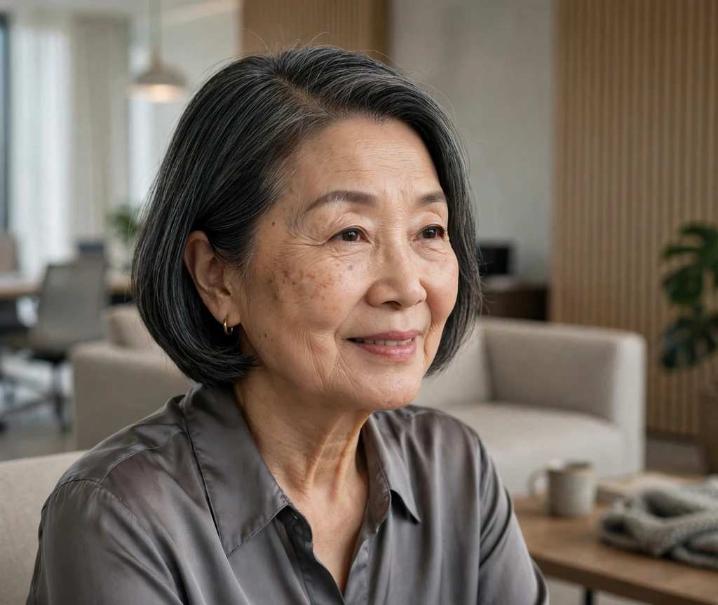 East Asian woman in her mid 60s with a sleek dark gray side part bob in an office lounge