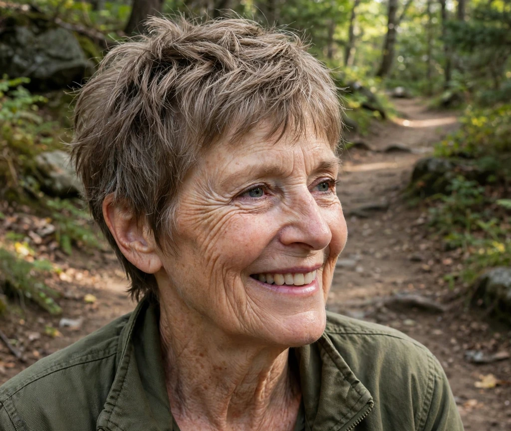 Caucasian woman in her early 60s with a choppy light brown gray pixie bob on a hiking trail