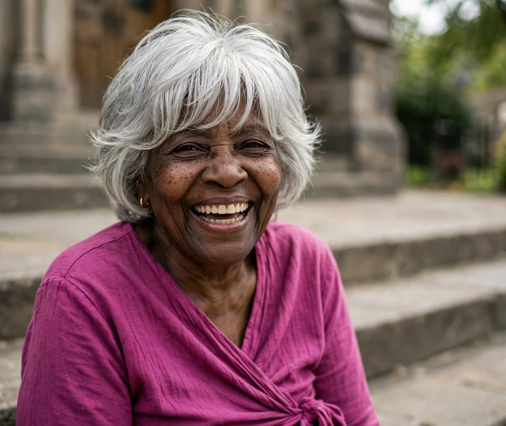Black woman in her early 70s with short silver white layered hair with voluminous bangs on church steps