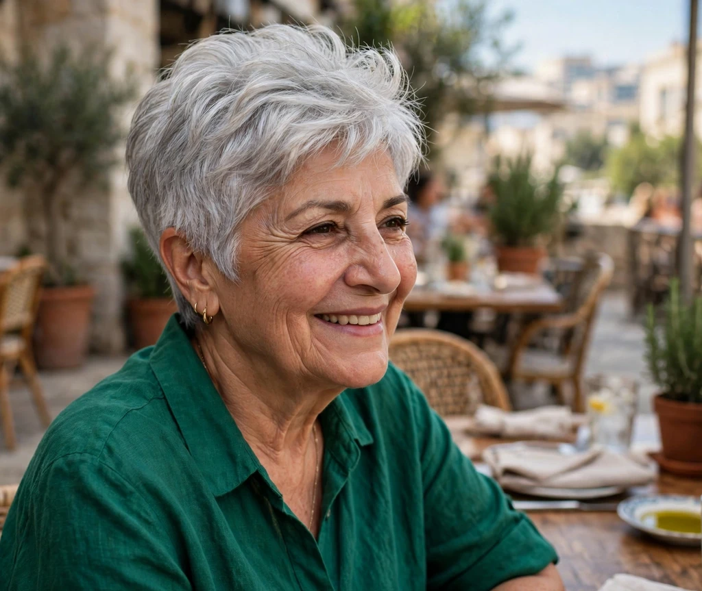 Middle Eastern woman in her early 60s with a tapered silver pixie on a restaurant terrace