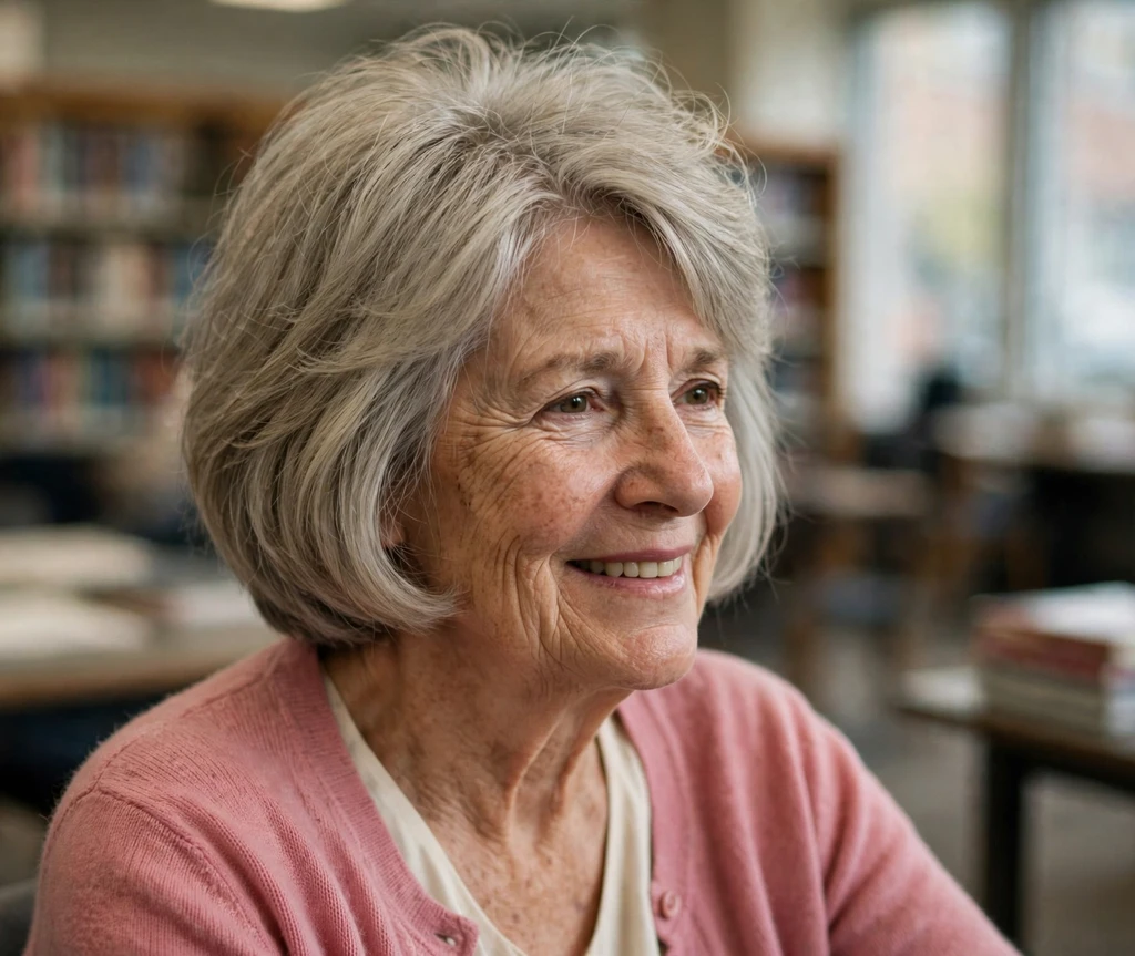 Caucasian woman in her late 60s with a collar length stacked ash blonde gray bob in a library