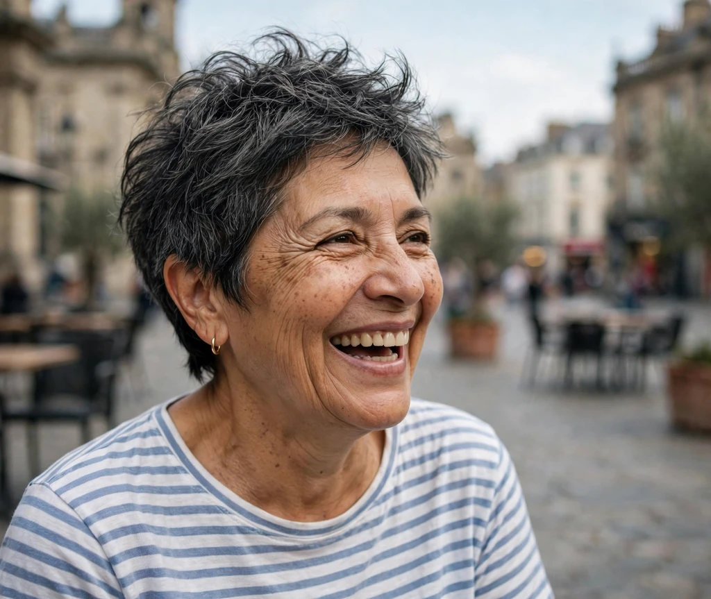Latina woman in her mid 60s with a messy textured dark gray pixie in a city plaza