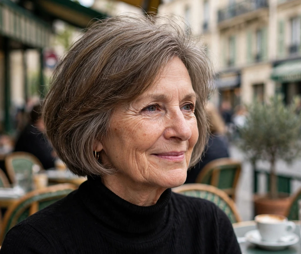 Caucasian woman in her mid 60s with a short chestnut gray French bob at a street café