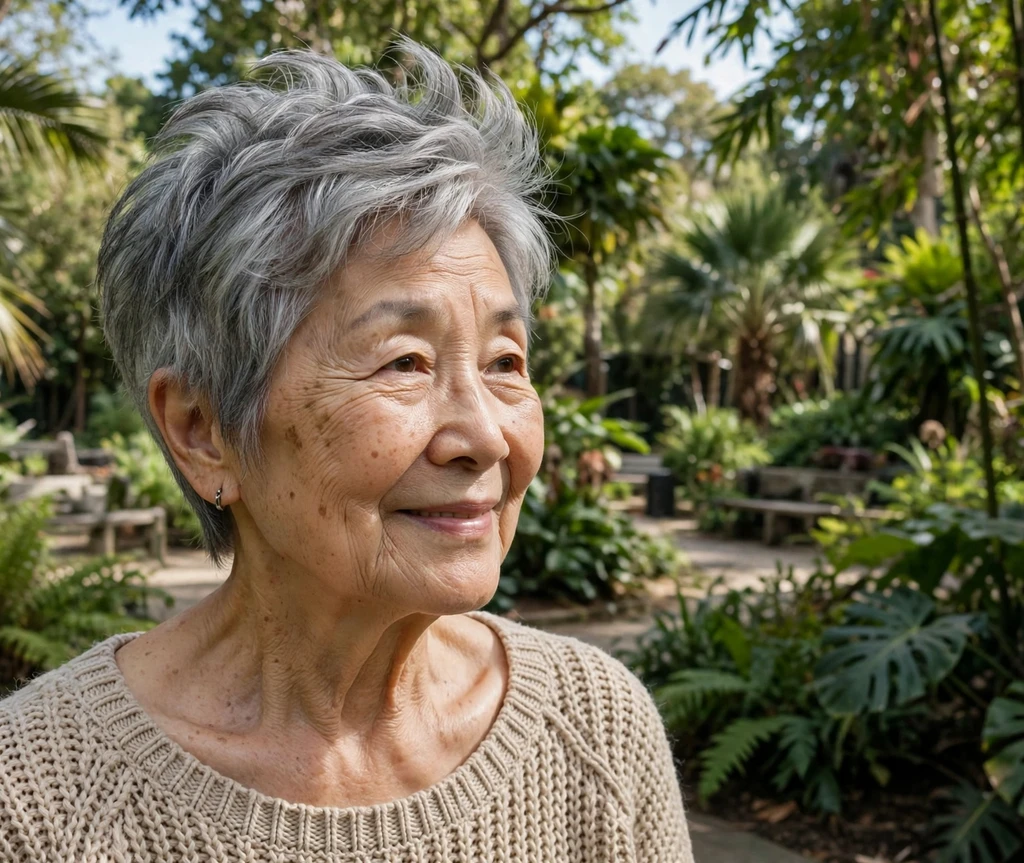 East Asian woman in her early 70s with a feathered gray pixie with long crown in a botanical garden